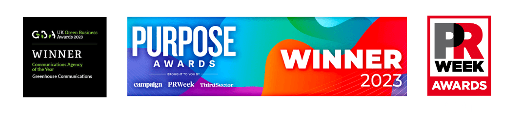 Award badges: UK Green Business Awards winner, Purpose Awards, PR Week