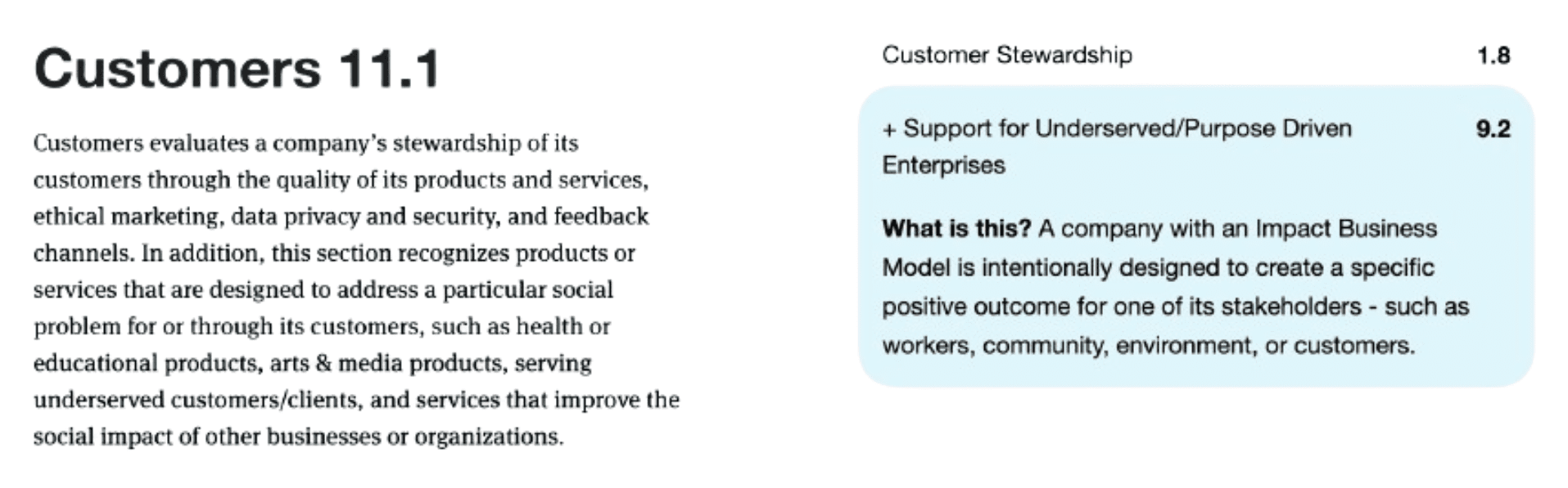 Greenhouse's B Corp breakdown of the customers section
