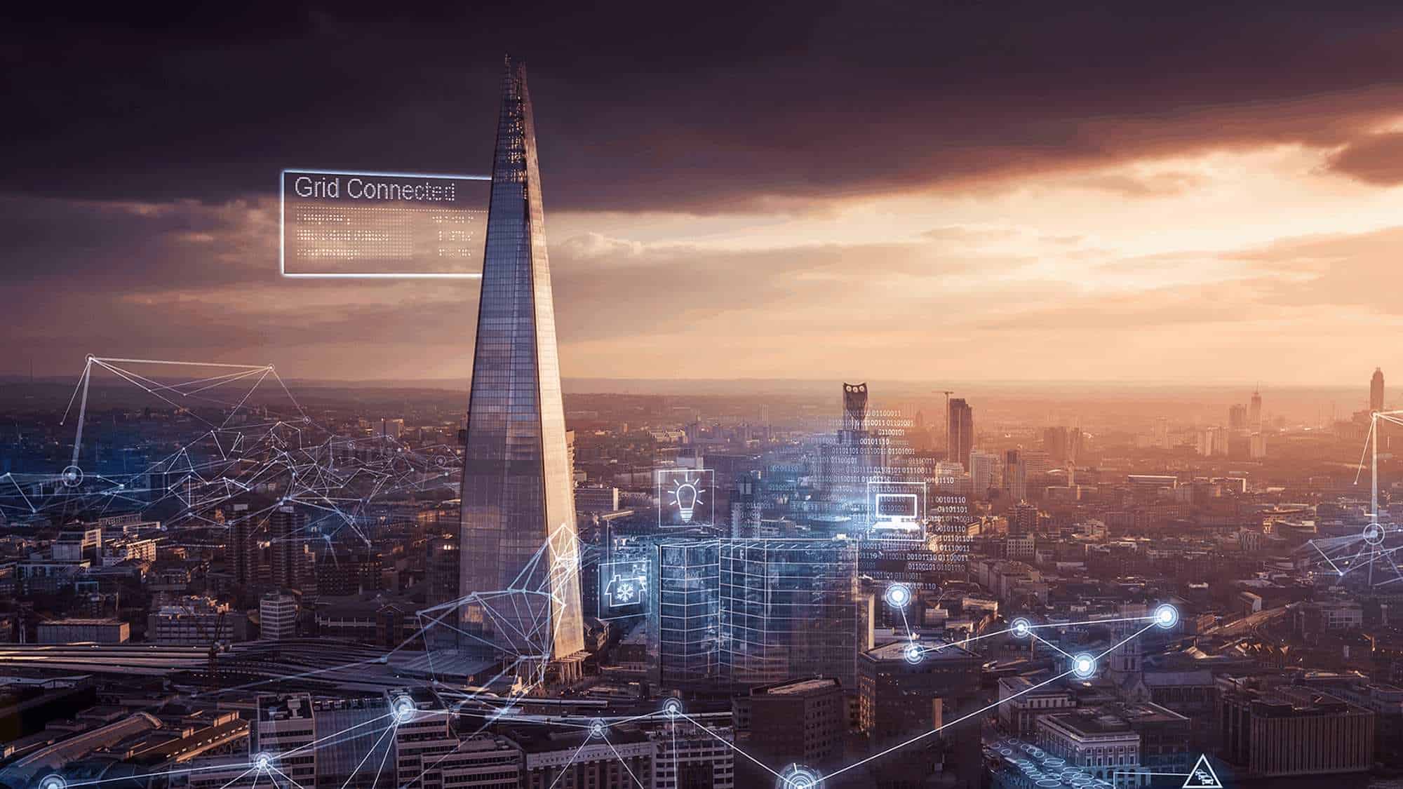 Image of London skyline with illustration of a smart energy grid.