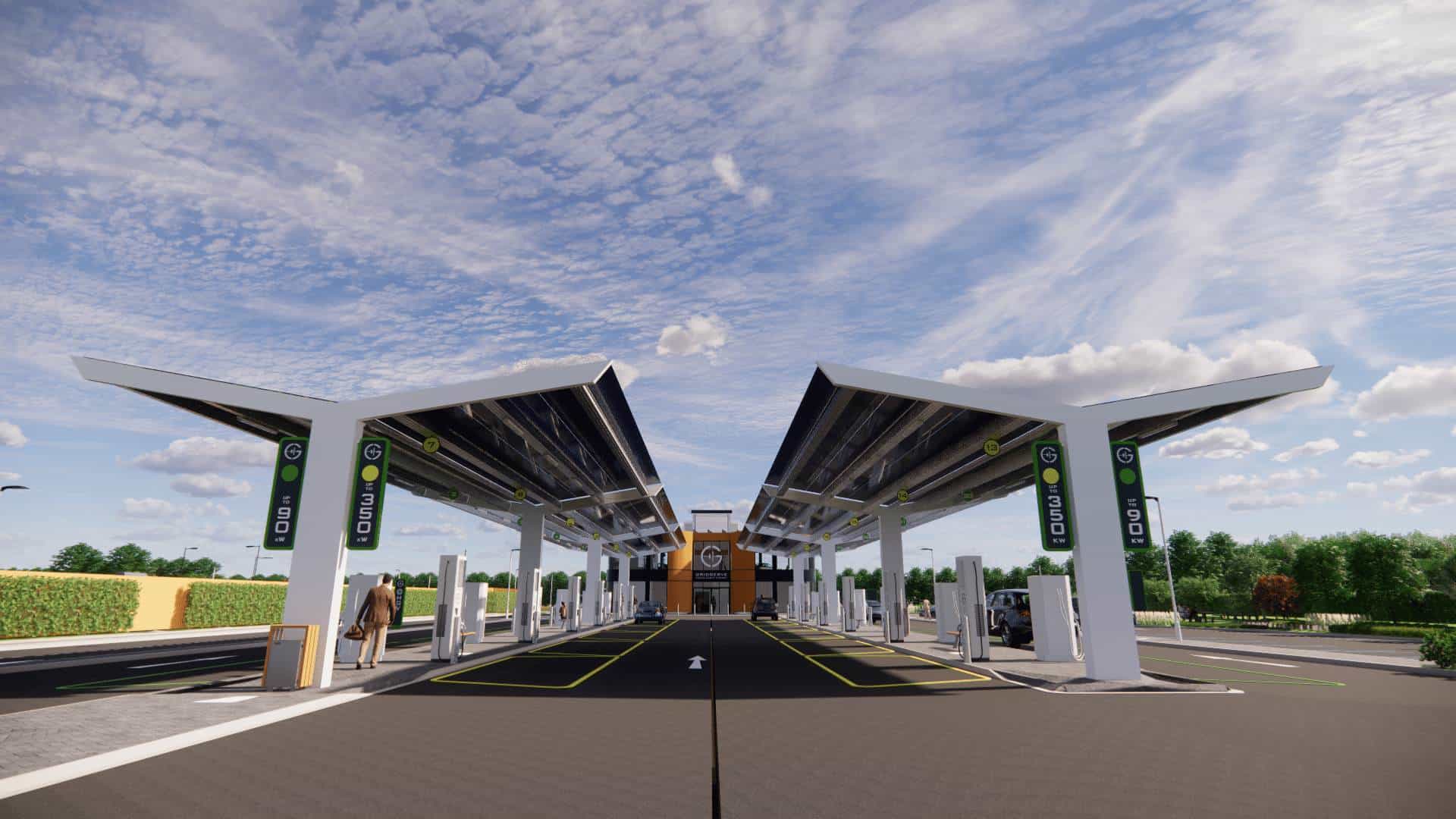 A CGI image of an electric forecourt for car charging