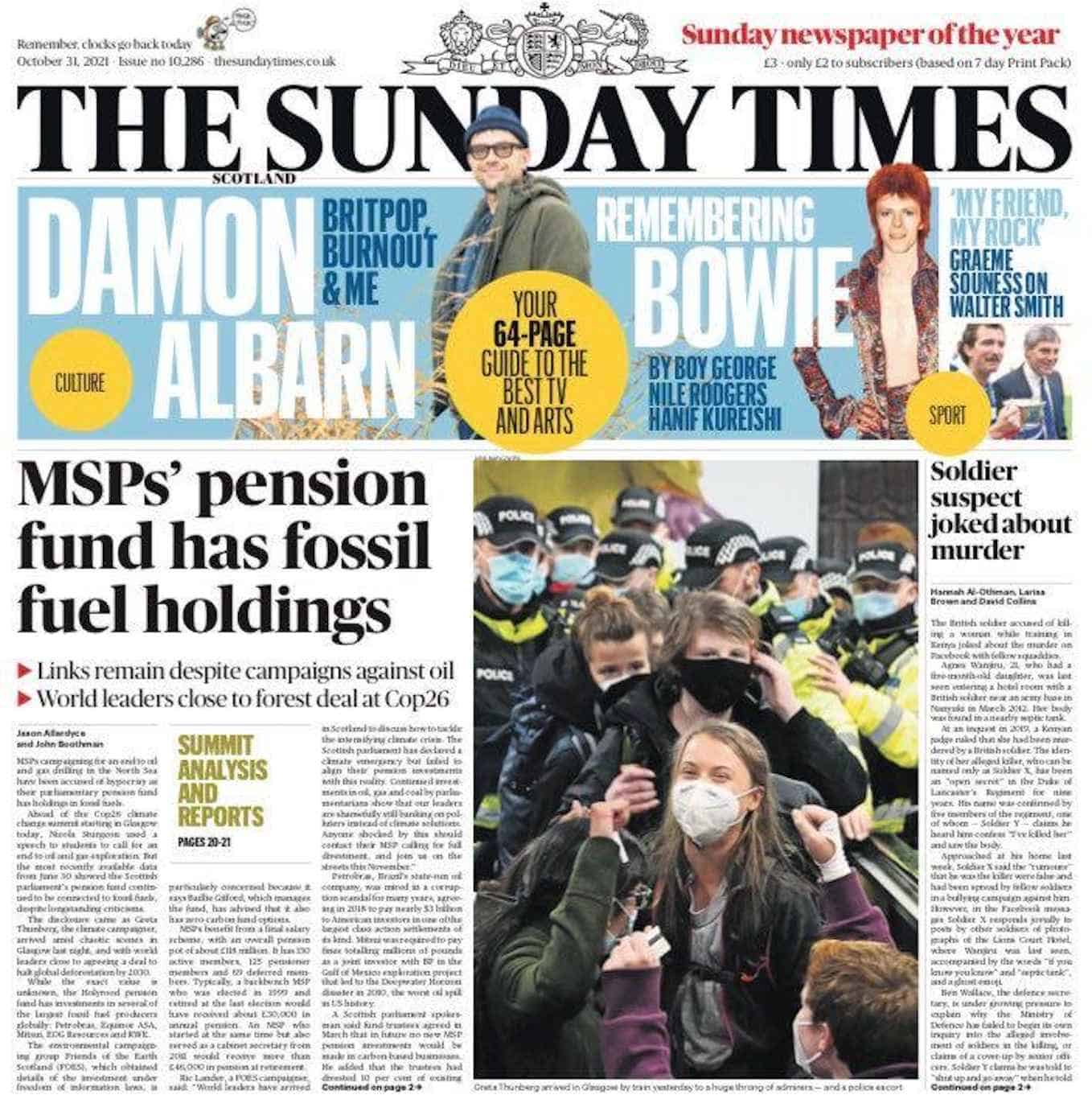 The Sunday Times front page "MPP's pension fund has fossil fuel holdings"