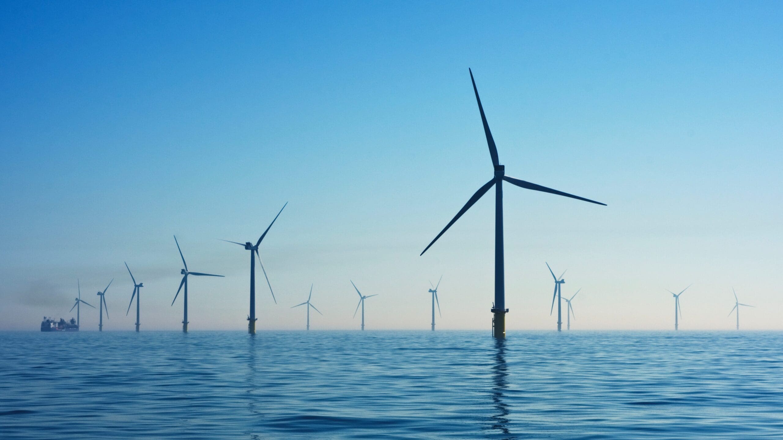 A group of wind turbines in water