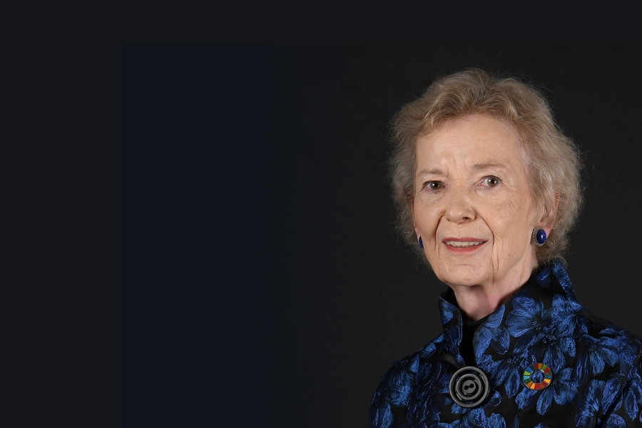 Why we need long view leadership. Image shows Mary Robinson, former president of Ireland, against a black background.