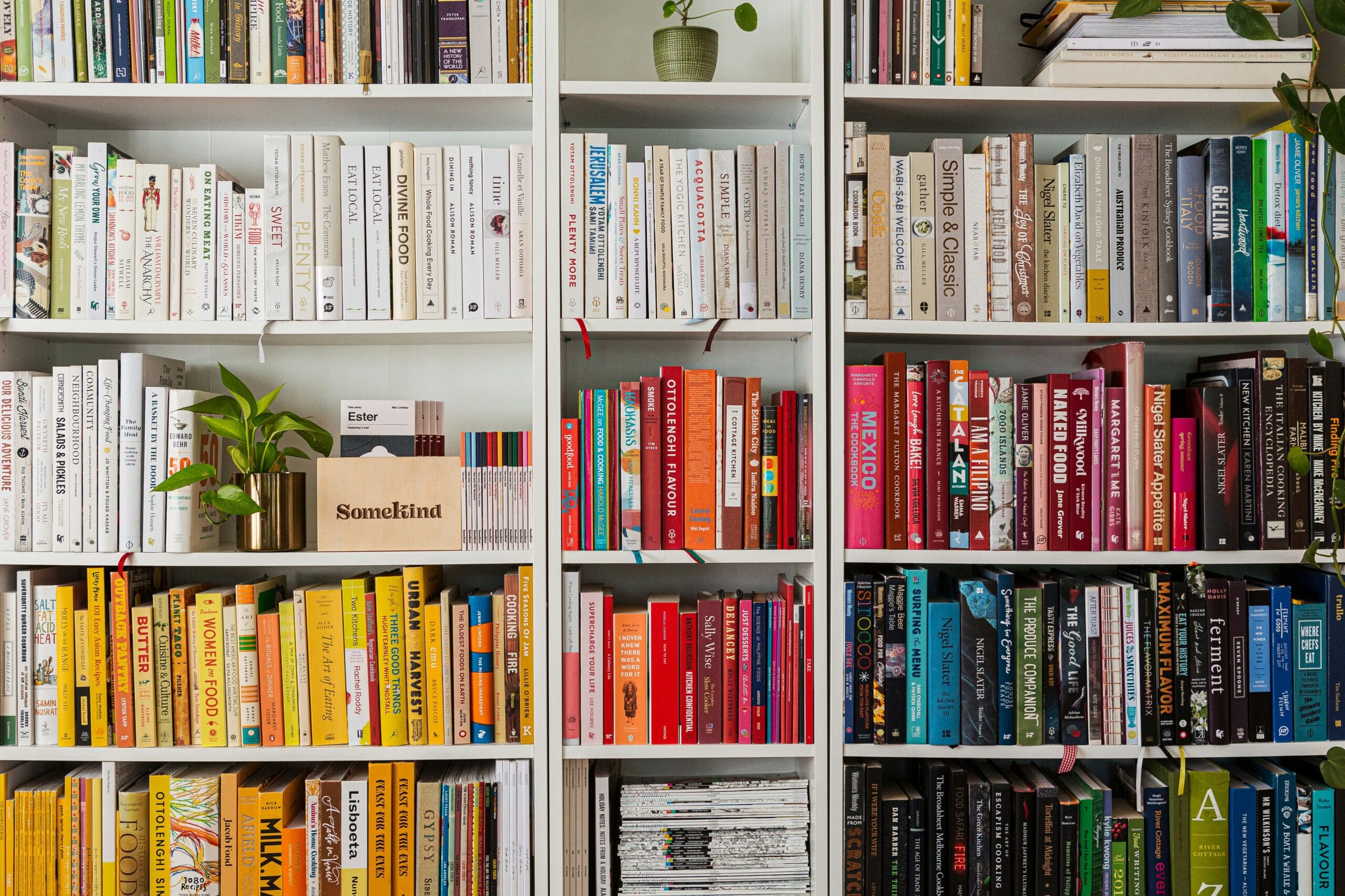 Book case of brightly coloured books