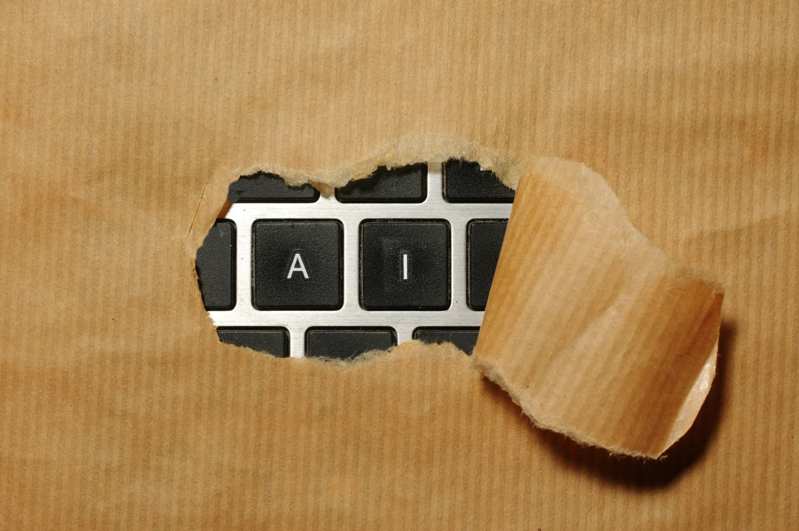 A keyboard with torn paper revealing the letter AI