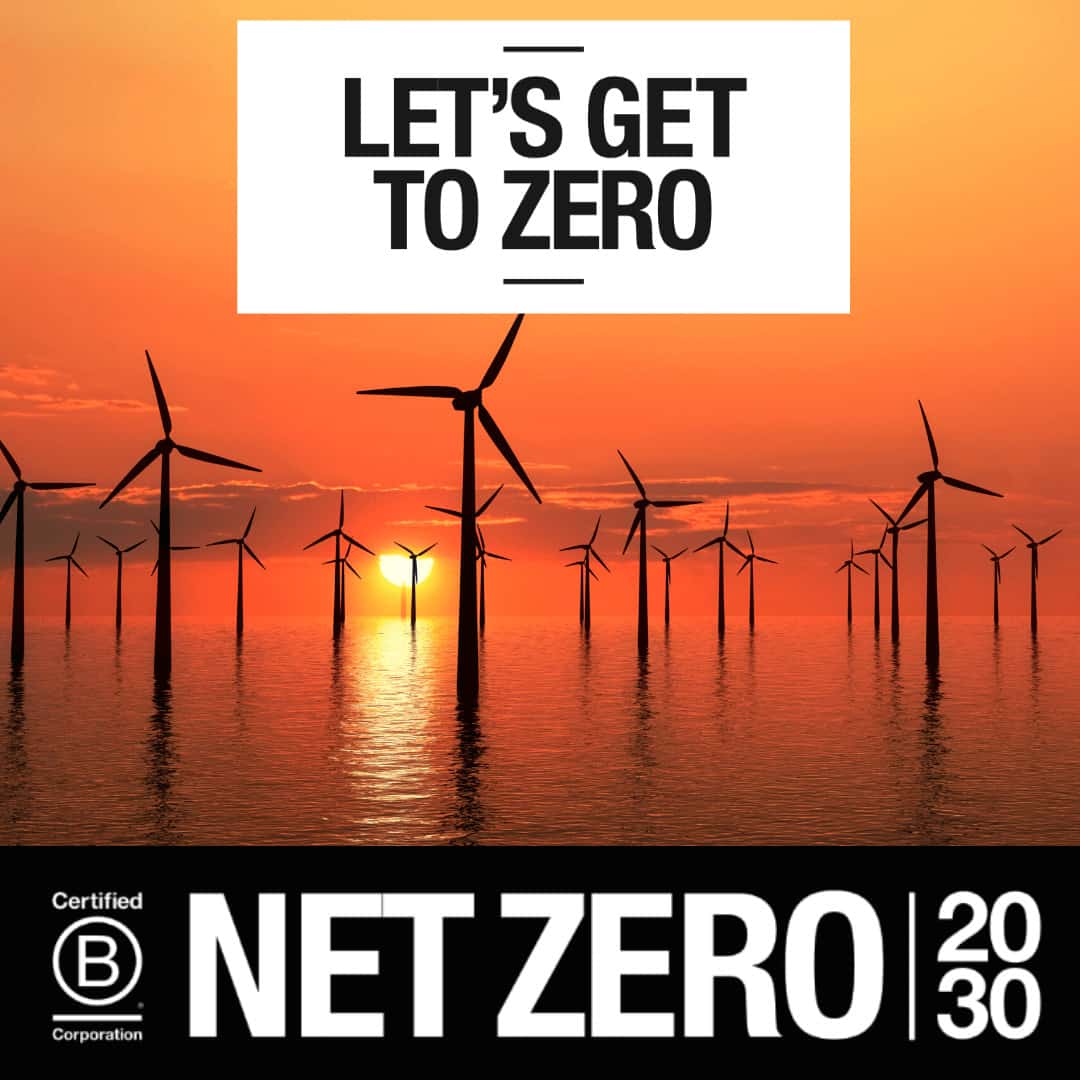 Windmills in the sunset, text reads 'Let's Get to Zero'