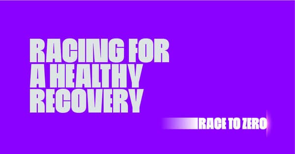 Silver text 'Racing for a healthy recovery' on a purple background