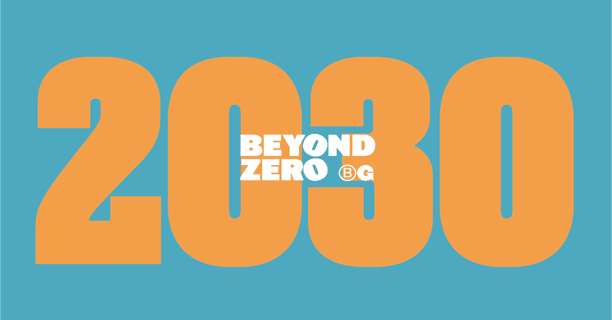 Beyond Zero in white text over 2030 in orange text. Turquoise background.